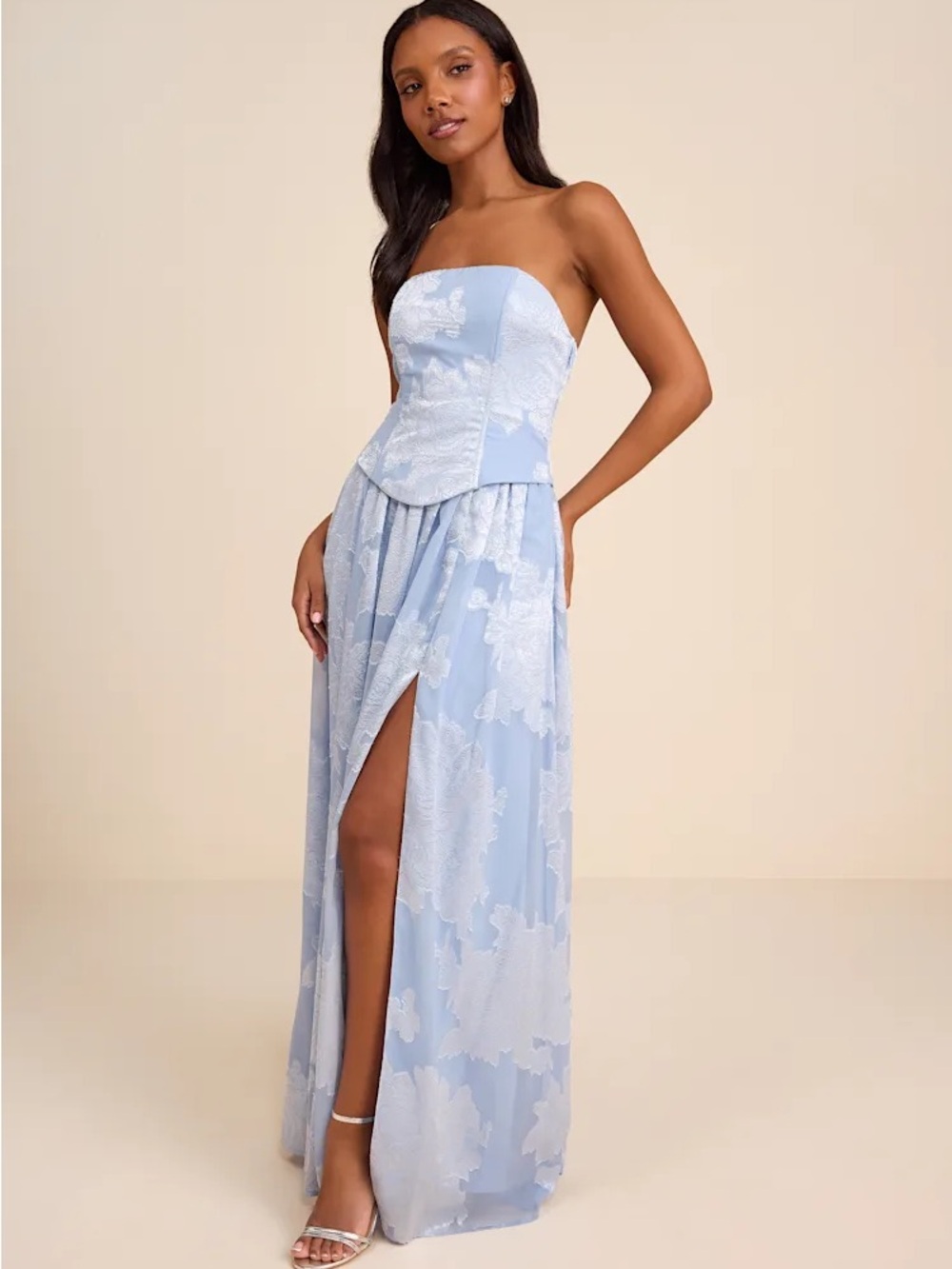 Lulu's Powder Blue Strapless Floral Jacquard Corset Gown